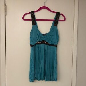 FANG Turquoise Knit Top with Brown Sequins & turq Detail! Vintage New! Large